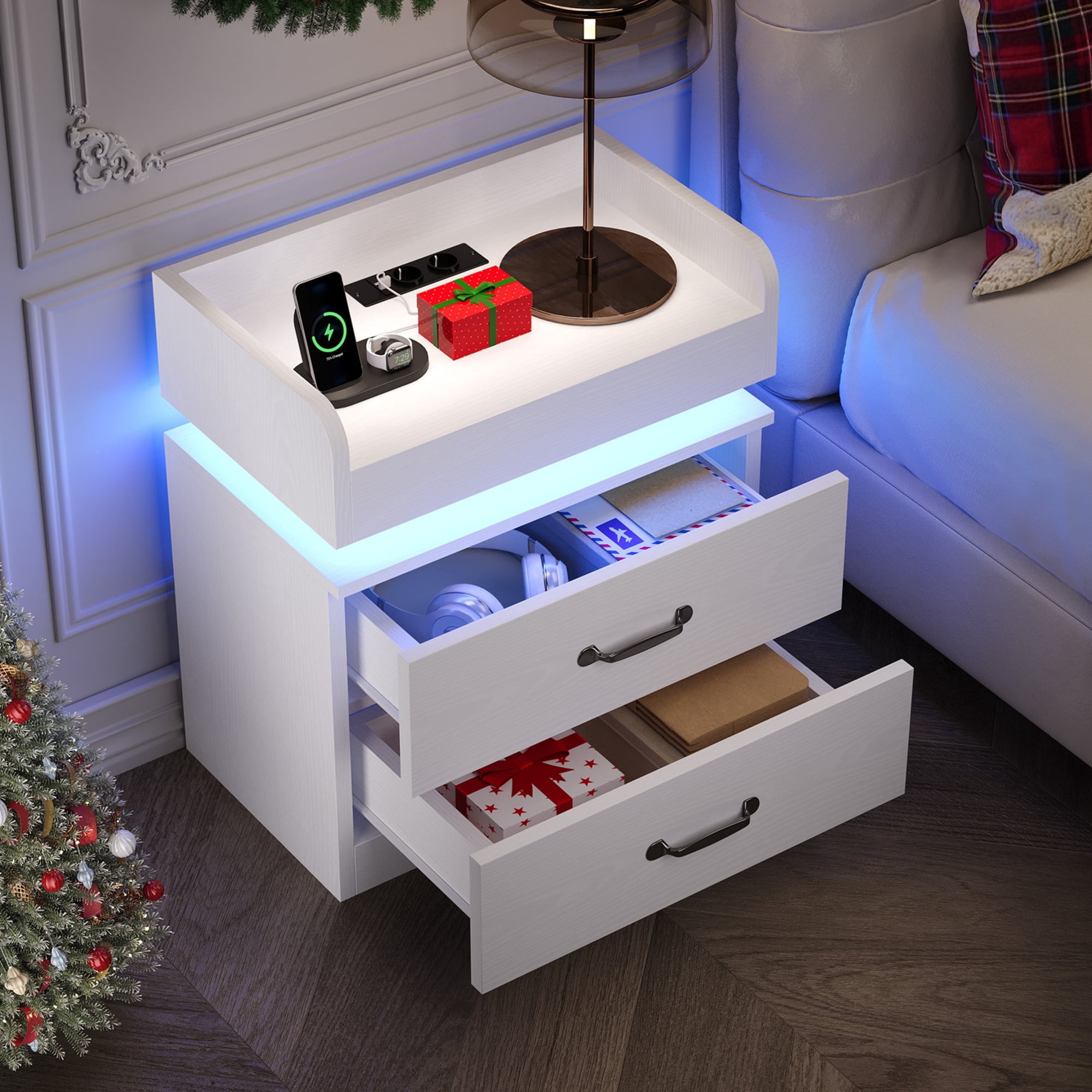 LED Nightstand, Modern White Night Stand End Tables with Charging Station & LED Lighting, 2 Drawers, Open Shelf Storage, Bedside Tables for Bedroom & Living Room