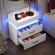 LED Nightstand, Modern White Night Stand End Tables with Charging Station & LED Lighting, 2 Drawers, Open Shelf Storage, Bedside Tables for Bedroom & Living Roo