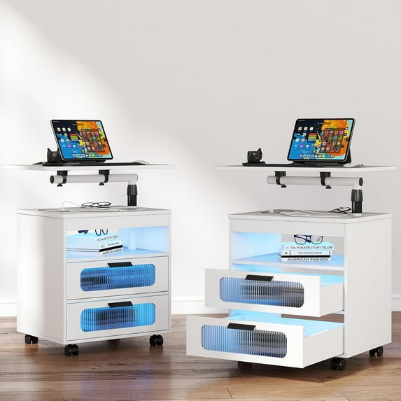LED Nightstand Set 2 with Wireless Charging Station, Bedroom Night Stand with Adjustable Rotary Study Table/Workable, Smart Bedside Table Night Stand with 2 Drawers and 4 Lockable Wheels (White)