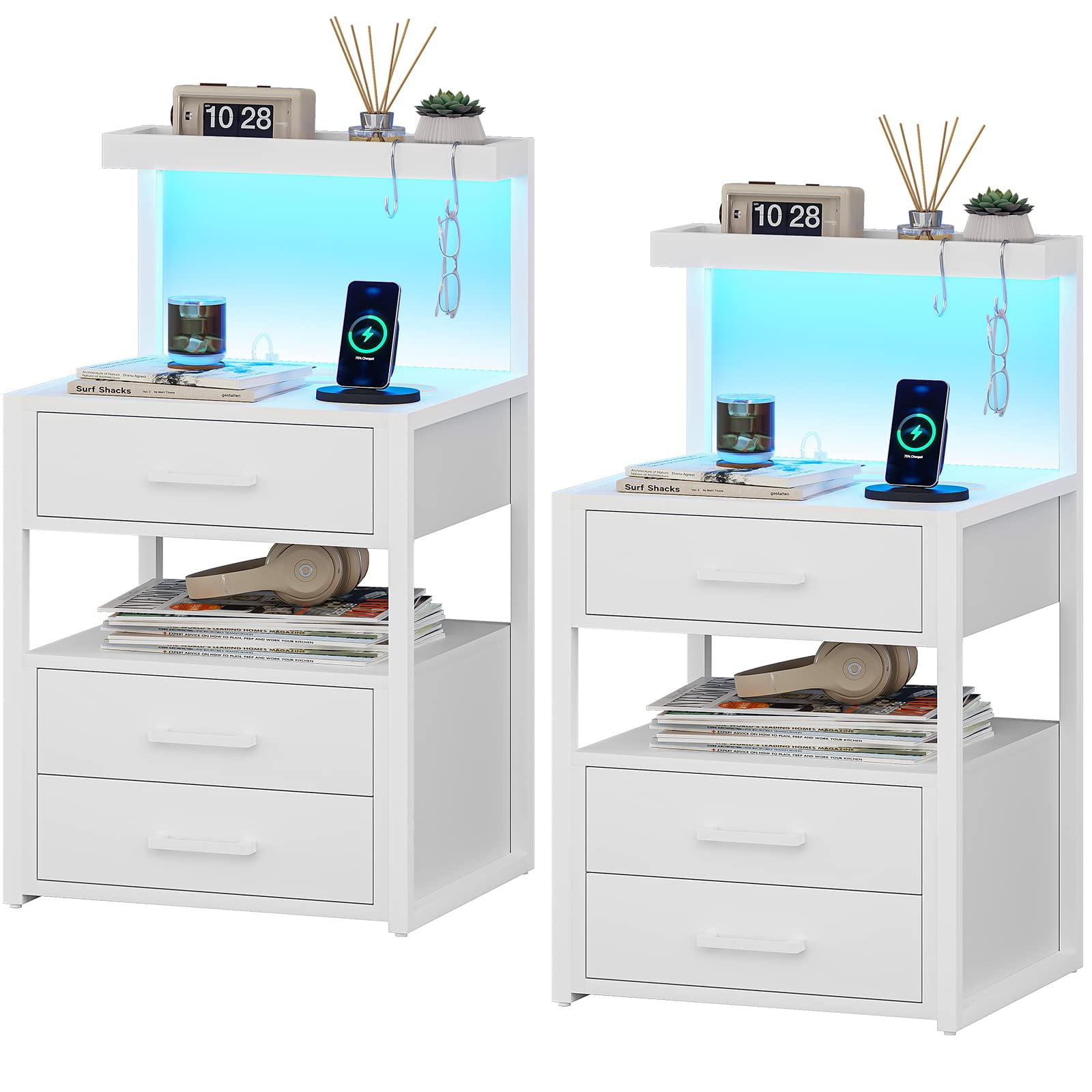 LED Nightstand Set of 2 for Bedroom with LED Lights & Charging Station