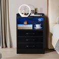 thumbnail image 1 of LED Nightstand with USB Port, Socket and LED Light Strip, Modern Wooden Side Table with 3 Drawers and Open Compartment for Bedroom, Living Room, Black, 1 of 9