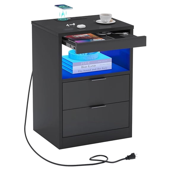 LED Nightstand with Wireless Charger, Black End Table with 2 Drawers & Pull-Out Shelf, Modern Bedroom Side Table with RGB Lights, Wooden Bedside Table
