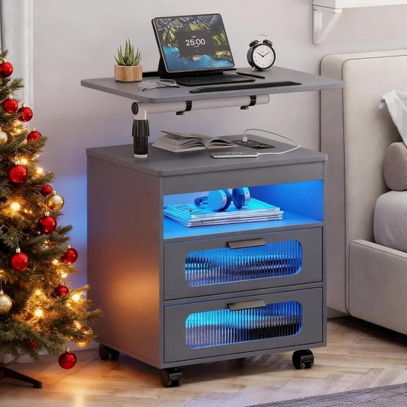 LED Nightstand with Wireless Charging Station, Bedroom Night Stand with Adjustable Rotary Study Table/Workable, Smart Bedside Table Night Stand with 2 Drawers and 4 Lockable Wheels (Grey)