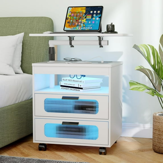 LED Nightstand with Wireless Charging Station, Bedroom Night Stand with Adjustable Rotary Study Table/Workable, Smart Bedside Table Night Stand with 2 Drawers and 4 Lockable Wheels (Grey)