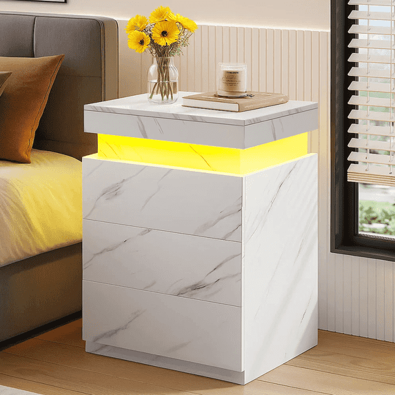 LED Nightstand with LED Lights, Beside Table with 3 Drawers for Bedroom Furniture, Modern End Side Table, White Marble