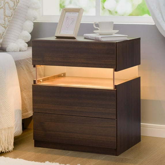 LED Nightstand Wood LED Bedside Tables LED Night Stand with 3 Drawers End Side Tables for Bedroom Living Room