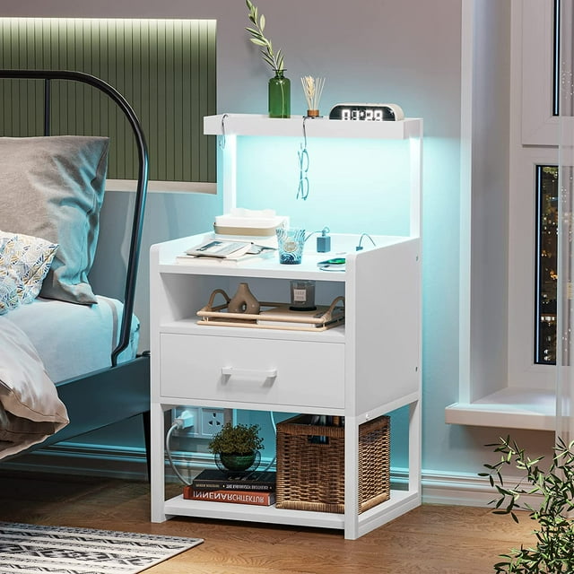 LED Nightstand for Bedroom with LED Lights & Charging Station, Modern