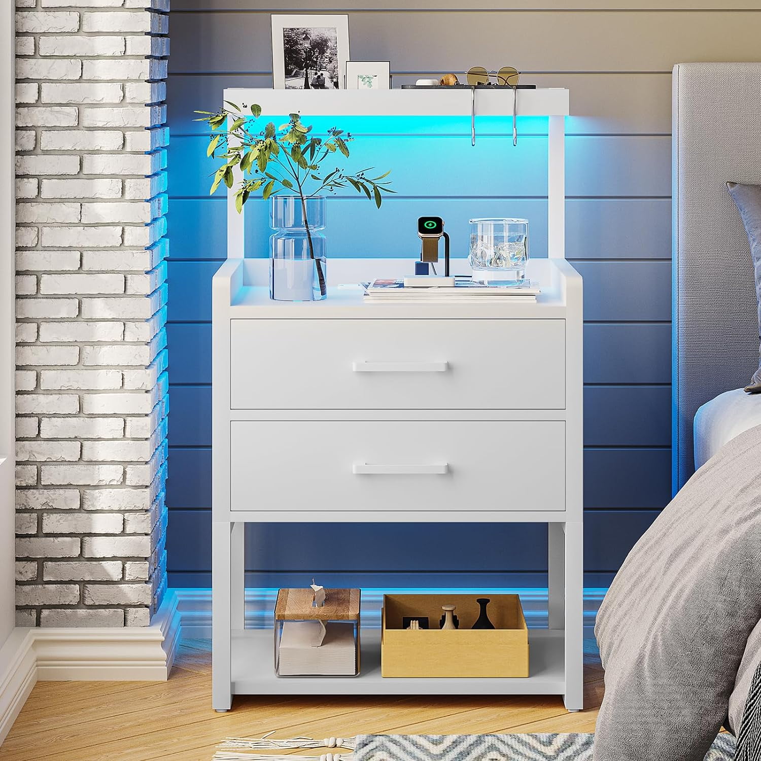 LED Nightstand for Bedroom with LED Lights&Charging Station, Modern