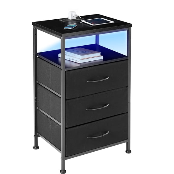 LED Nightstand with 16 Color Lights, Built-in USB Ports & Outlets, 3 Fabric Drawers + Storage Shelf, Black Compact Bedside Table for Small Spaces