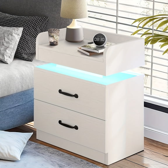 LED Nightstand with Charging Station - 2-Drawer Hardwood Bedside Table with USB & Ambient Light (Black/White)
