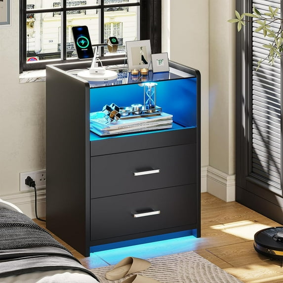LED Nightstand with Charging Station & 2 Drawers, Modern Bedside Table End Table with Pull-Out Shelf&LED Lights for Bedroom Living Room, Black