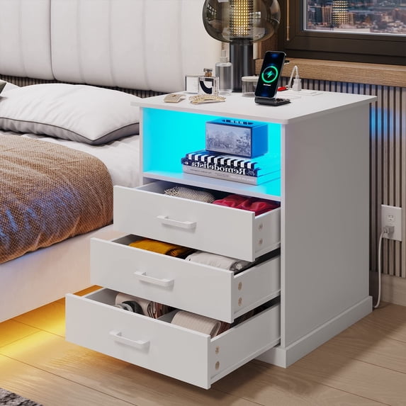 LED Nightstand with Charging Station&2 Drawers, Night Stand for Bedroom Living Room, Modern End Side Table with 2 USB Ports&LED Lights, White