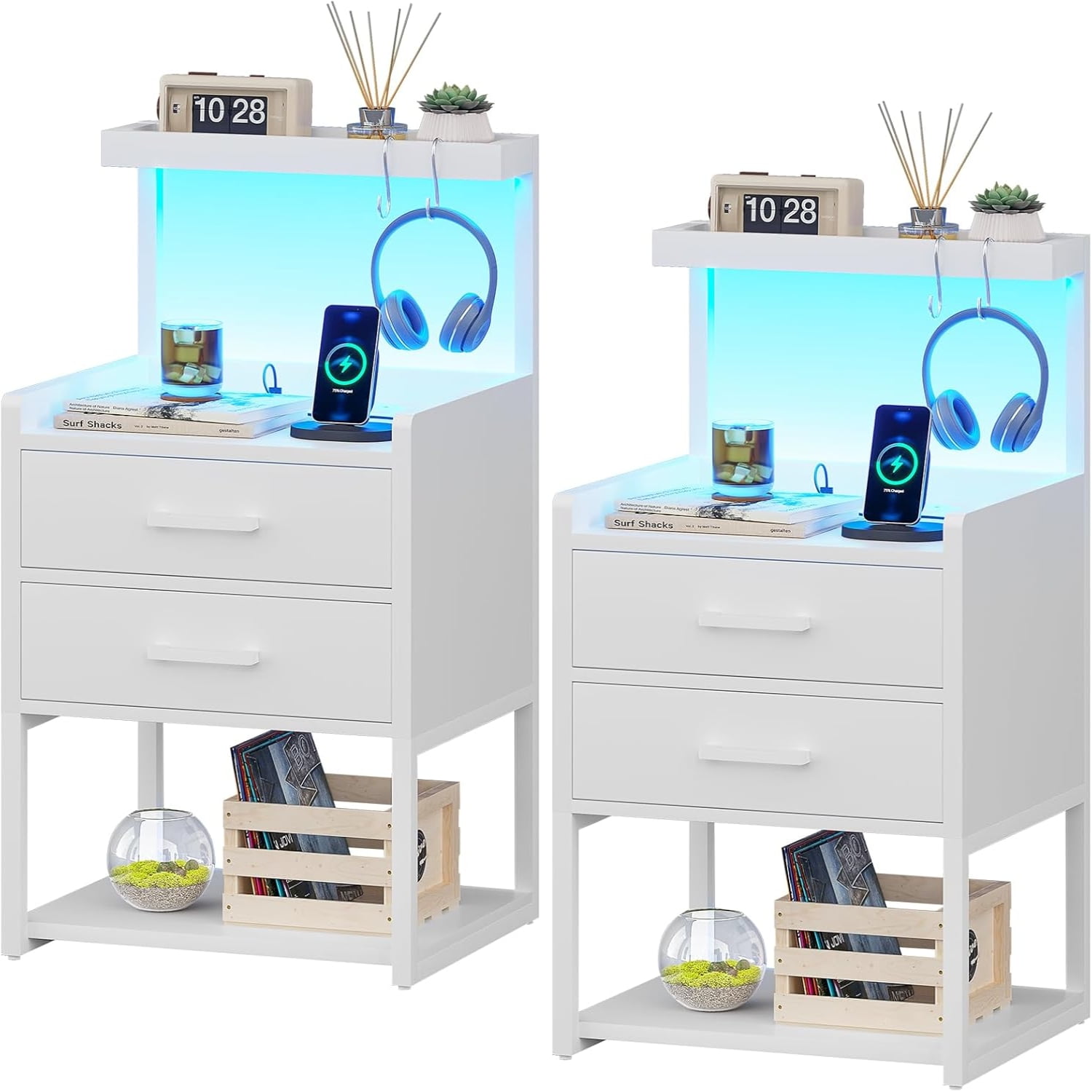 LED Nightstand with Charging Station 2 Drawers Night Stand with LED