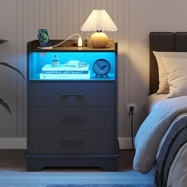LED Nightstand with Charging Station&LED Lights for Bedroom, End Side Table with USB Ports & Open Storage for Living Room,Black