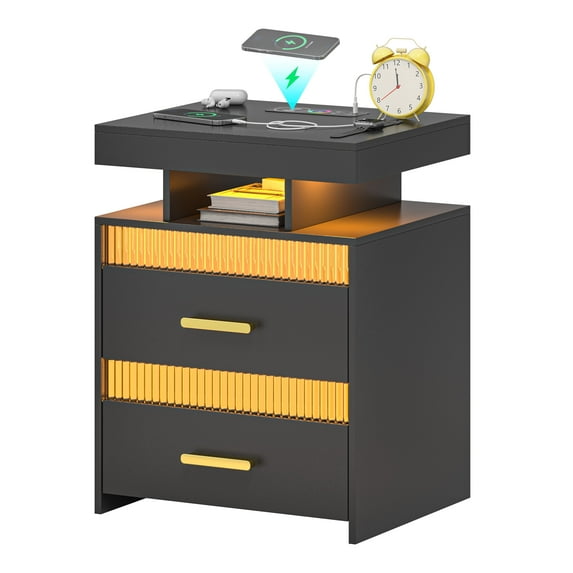 LED Nightstand with Charging Station, Modern End Table with 2 Drawers, Bedside Table with Human Sensor 24 Colors Lights for Bedroom