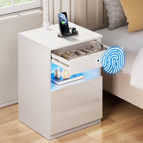 Hommpa Biometric Fingerprint Lock Nightstand with Charging Station, White Smart LED Bedside Table with Lockable Drawer for Gun Safe, Modern High Gloss 3 Drawers End Table for Bedroom