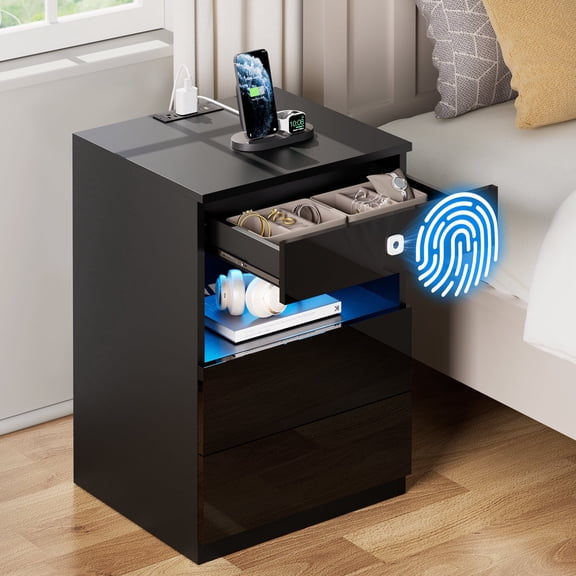 Hommpa Biometric Fingerprint Lock Nightstand with Charging Station, Black Smart LED Bedside Table with Lockable Drawer for Gun Safe, Modern High Gloss 3 Drawers End Table for Bedroom