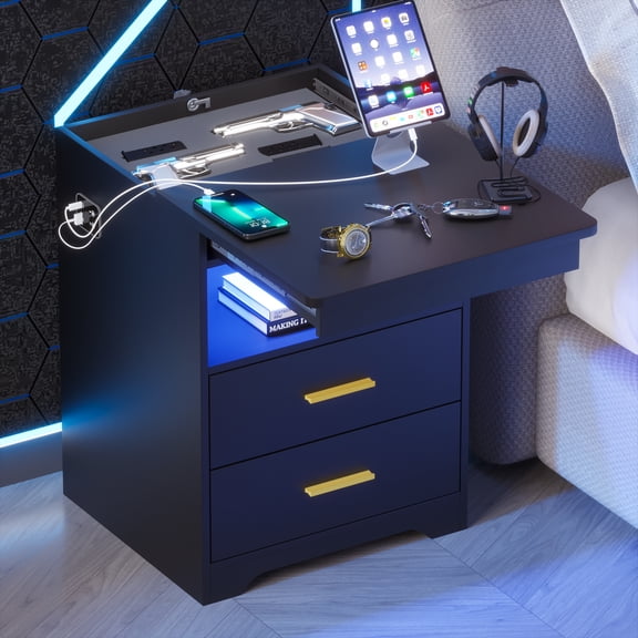 LED Nightstand with Gun Drawer, Modern Beside Table with Charging Station, Auto Sensor 3 Color Dimmable Night Stand with Open Compartment for Bedroom
