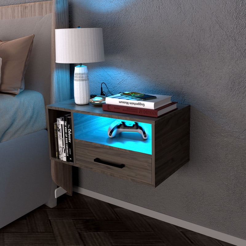 LED Nightstand with Remote Control 26.8” Modern Floating Nightstand with USB Port and Outlet for Bedroom, Light Brown