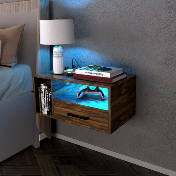 LED Nightstand with Remote Control 26.8” Modern Floating Nightstand with USB Port and Outlet for Bedroom, Rustic Brown