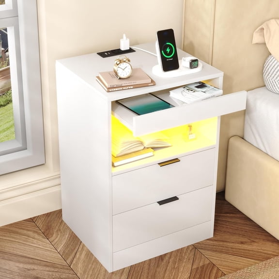 LED Nightstand with Station, Bedside Table with 3 Drawers and LED Lights, End Table Sofa Couch Side Table with Pull-Out Shelf, White