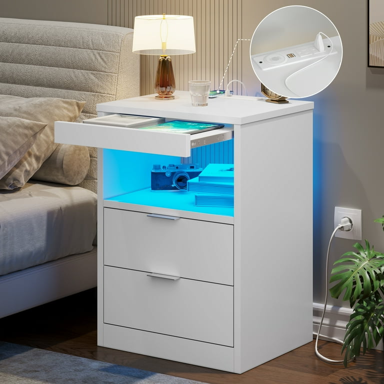 LED Nightstand with Wireless Charging Station 2 Drawers Bedside Table with Pull Out Shelf Modern White End Side Table for Bedroom