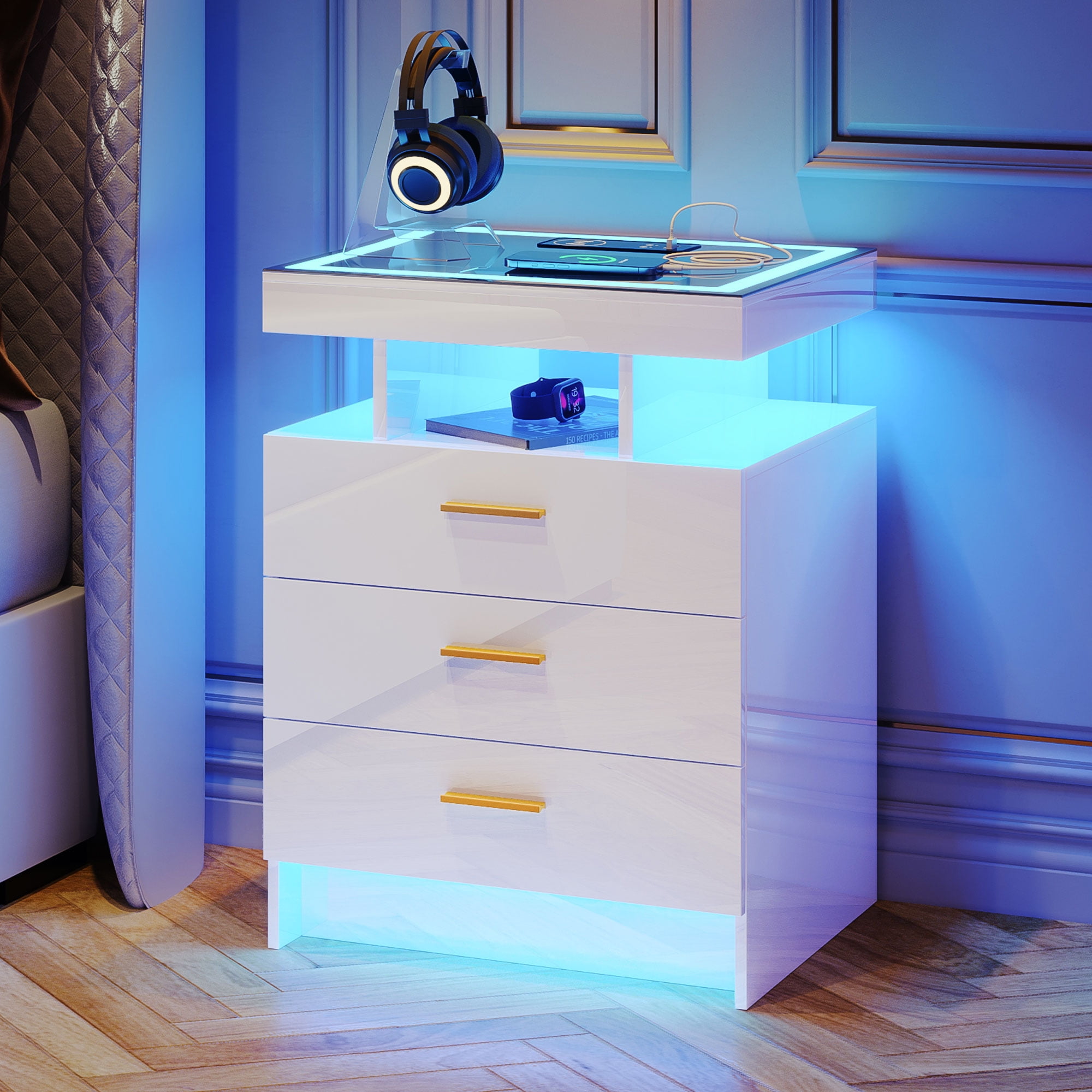 White High Gloss LED Nightstand with Wireless Charging and 3 Drawers