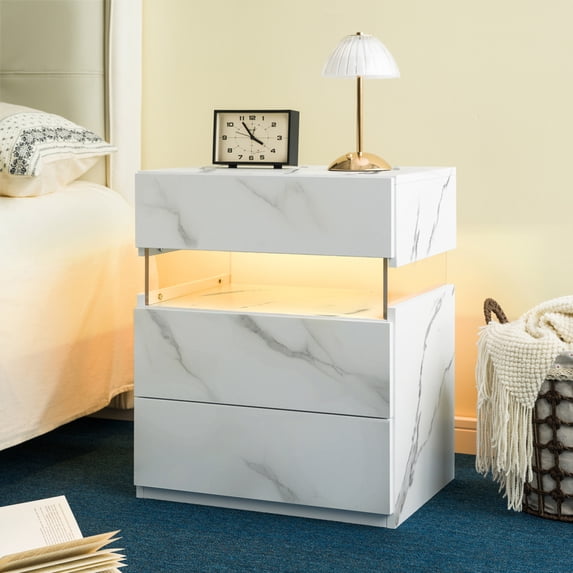 LED Nightstands 3 Drawer Dresser for Bedroom End Table with Acrylic Board LED Bedside Tables for Bedroom Living Room Bedside Furniture,Stone White