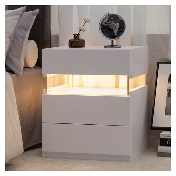 LED Nightstands 3 Drawer, White Bedside Tables for Bedroom - Modern End Table with Acrylic Board & RGB Lights - Living Room Furniture White + White + 3 Drawers + Bedroom + Bedside Cabinet
