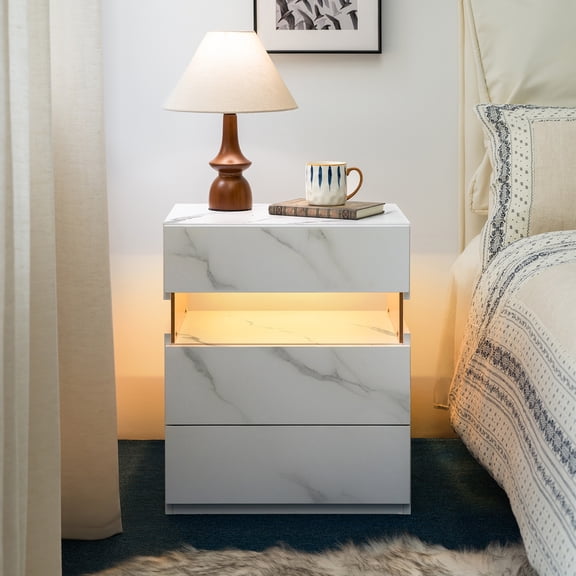 LED Nightstands, 3 Wood Drawer Dresser for Bedroom, End Table with Acrylic Board, Modern Night Stand, RGB LED Bedside Tables for Bedroom, Living Room Bedside Furniture, End Side Table