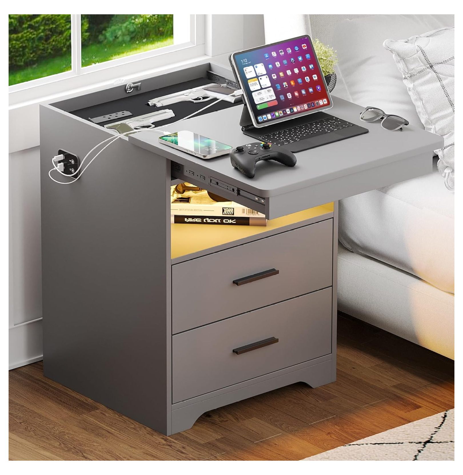 LED Nightstands with Lockable Gun Drawer,Bedside Table with Charging