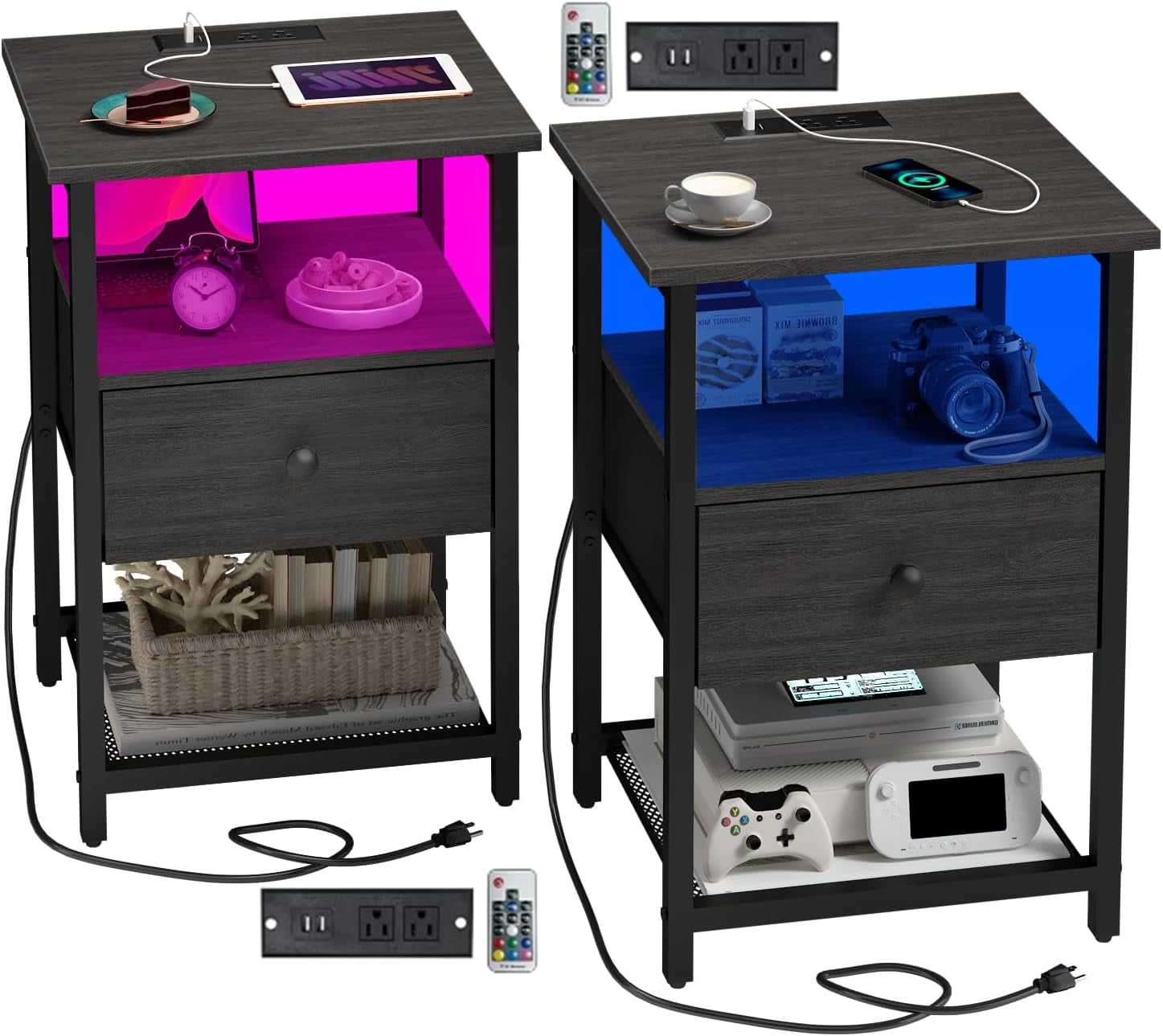 LED Nightstands Set of 2 with Charging Station, Bedside Tables with USB