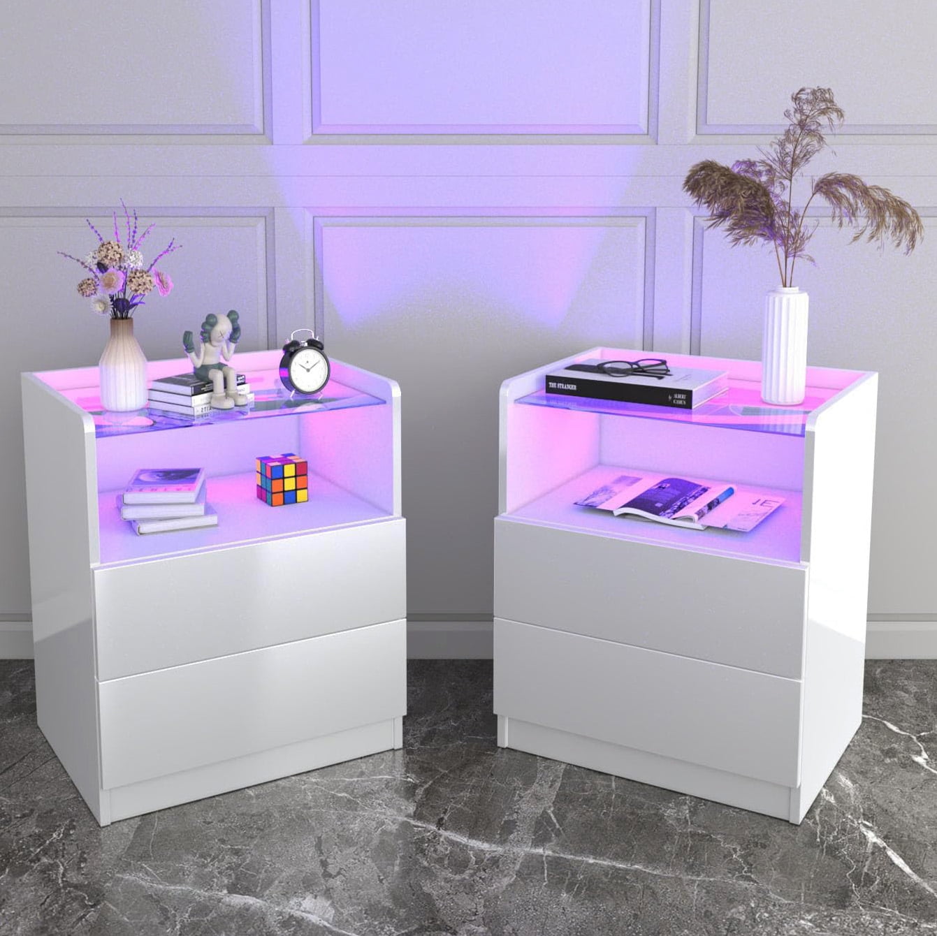 LED Nightstands Set of 2 with Glass Top & 2 Drawers, Modern Bedside Table End Table with Open