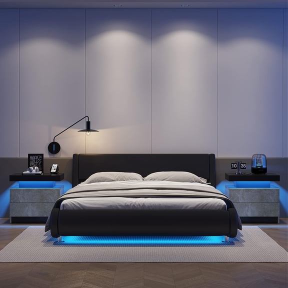 LED Nightstands Set of 2, Modern End Side Table with 2 Drawers, LED Bedroom Furniture for Bedroom and Living Room, Grey