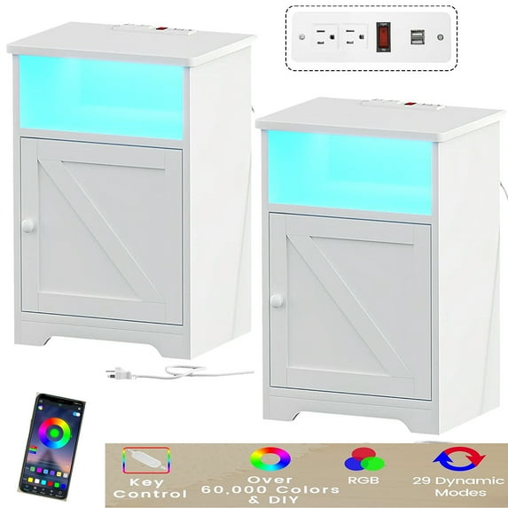 LED Nightstands Set of 2 with Charging Station and LED Lights for Bedrooms, Night Stands Bedside Table with Outlets & USB Ports, White