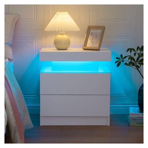 LED Nightstands with 2 Drawers, End Table with RGB LED Lights for Bedroom Living Room, White Bedside Table
