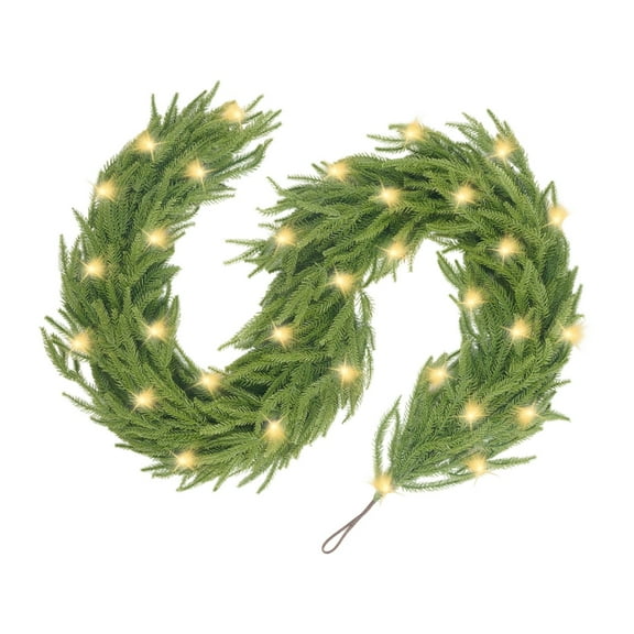 LED Norfolk Pine Christmas Garland, Real Touch Artificial Greenery Garland Waterproof for Indoor Outdoor, Fireplace, Stairs, Banister Wall Holiday Decoration