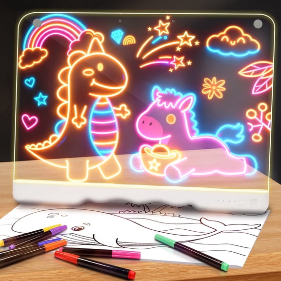 LED Note Board with 7 Color Light Modes, 16-Inch Rechargeable Neon Glow Art Dry Erase Light Up Drawing Pad with Built-in Stand for Kids, Sketching Gift Toy for Teens, 7 Markers