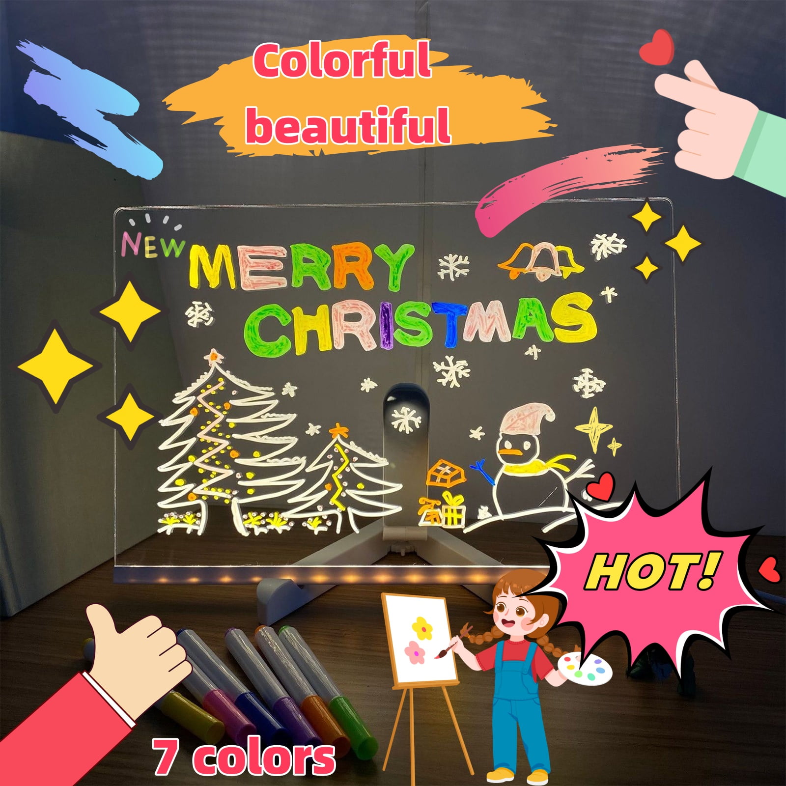 LED Note Board With 7 Colors Pen,Magic Note Board Glowing Acrylic Message Marker Board With Light,LED Illuminated Drawing Board Light Up Dry Erase Board With Stand For Office School Home