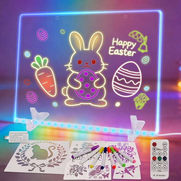 KiddiTouch LED Note Board for Kids and Adults, 13.7"X10" Acrylic Dry Erase Boards with 7 Colors, Include Adapter, Hanging Chain, Led Drawing Board for Kids with Stand, Markers, Spray Bottle