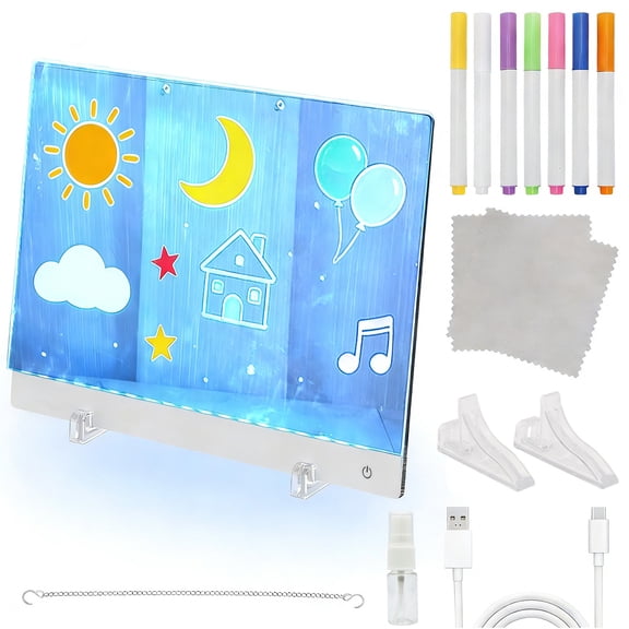 LED Note Board with Colors, 13.78 x 9.84in 13 Modes & 7 Colors Acrylic Dry Erase Boards with Light, Led Drawing Board for Kids with Stand,Birthday Holiday Day Gifts for Girls & Boys