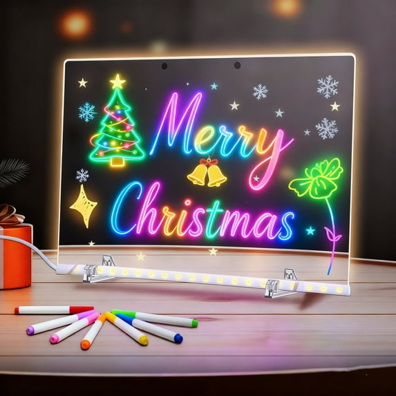 LED Note Board with Colors, New Glowing Acrylic Message Marker Board with Light, Light Up Dry Erase Board with Stand as a Glow Memo Letter Board Note Glass Clear Board with 7 Pen, 13.8 x 10 in