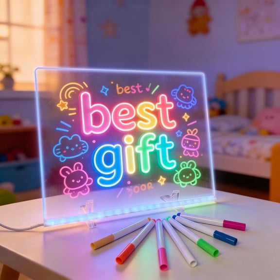 LED Note Board with 7 Colors Controlled, 13.7"x10" Glowing Drawing Board for ,  Dry Erase Message Board with Stand and  Chain