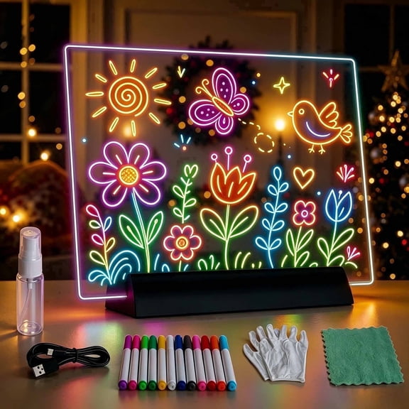 KOBAIBAN 7.9" Rechargeable LED Drawing Board with 9 Lighting Modes, 12 Markers, Light up Drawing Board for Kids Girls Boys Birthday Gifts, Black