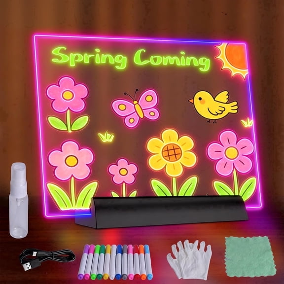 KOBAIBAN Rechargeable LED Drawing Board with 7 Color 7.9inch Glow Writing & Doodle Board Dry Erase Board with 12 Markers Arts Supplies for Kids Birthday Gift, Black