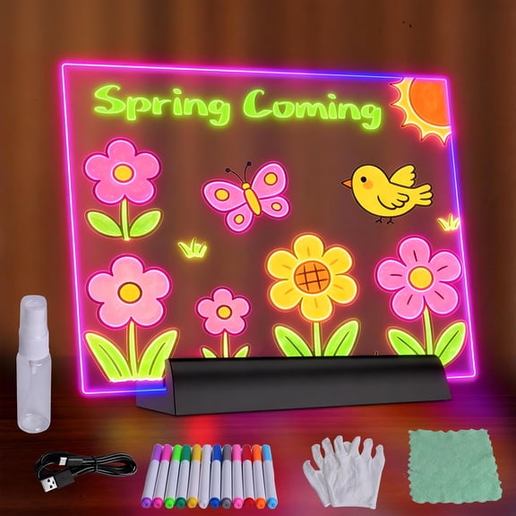 Rechargeable LED Note Board with Colors, 7.9"X7.9" 2 Modes &7 Colors Acrylic Dry Erase Boards with Light, Doodle Glow Drawing Board for Kids,Led Drawing Board with 12 Markers,Soft Cloth,Spray Bottle