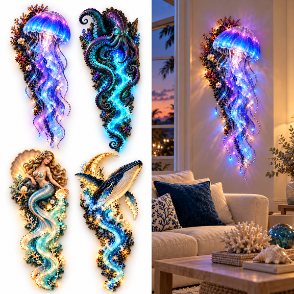 LED Ocean Wall Art, Enchanted Marine Life Sculpture with Flowing Blue Wave Design, Lighted Coastal Decoration for Beach House, Abyssal Octopus