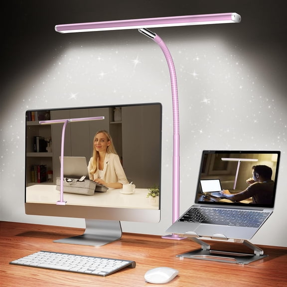 LED for Office Home, Eye-Caring Desk Light with Stepless Dimming Adjustable Flexible Gooseneck, 10W USB Adapter with Clamp for Reading, Study, Workbench (Pink)