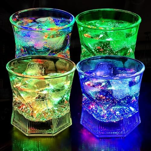LED Old Fashioned Glasses: 10oz Liquid Activated Multicolor Light Up Drinking Tumblers Set of 4 - Plastic Fun Cups for Water Beer Cocktail Whiskey Bar Party$$Home Decor, Kitchen, & Other