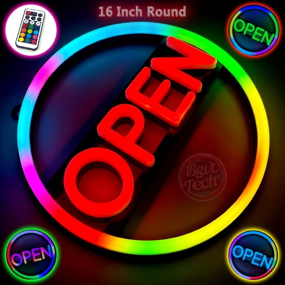 LED Open Sign 16-Inch Round  Bright Neon Light Open Sign with Remote Control for Business, Store, Bar, Restaurant, Shop Window Display Animated
